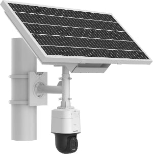 Solar-powered security camera with a large solar panel on a white background